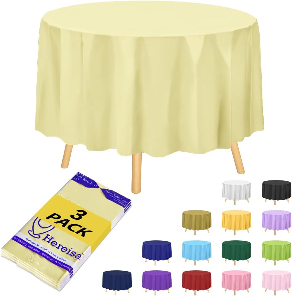 Brand Round Ivory Plastic 84" Disposable Tablecloth (3 Pack), Party & Event Decorative Cover