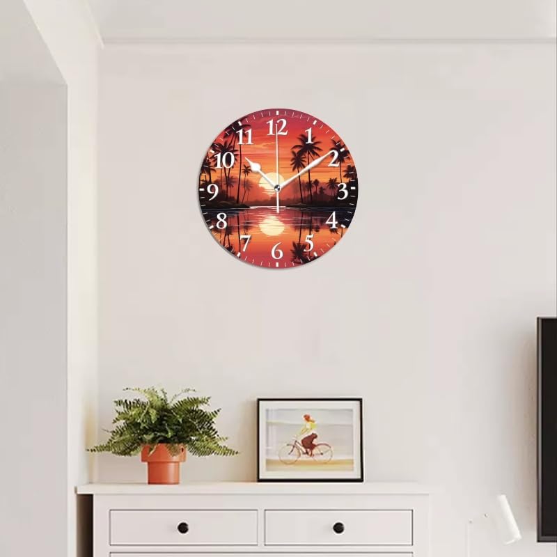 Sunset Wall Clock Non-Ticking Silent Clocks Battery Operated Analog Decor Clock for Home-Sunset with Palm Trees and Reflections On The Water(14inch)