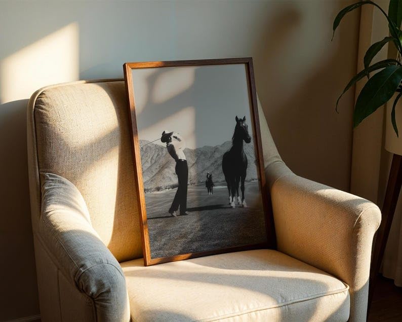 Nationcog Vintage Western Cowboy Golf Wall Art, Retro Black and White Sports Photography Print for Bar or Office Decor, Rustic Golfer Artwork for Country Homes (Unframed) (9x11)