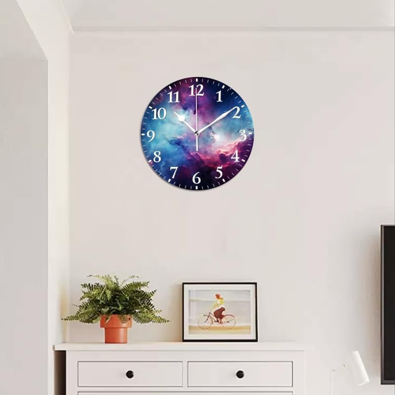 Nebula Wall Clock Non-Ticking Silent Clocks Battery Operated Analog Decor Clock for Home-Amazing Nebula with Blue and Purple Colors(12inch)