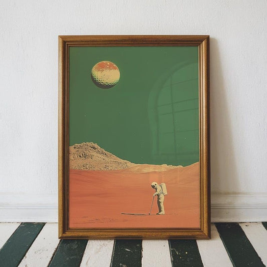 Retro Space Golf Wall Art, Vintage Mars Landscape Sports Print for Bar, Office or Game Room Decor, Astronaut Golfer Poster with Tee Time Theme (Unframed) (11x14)