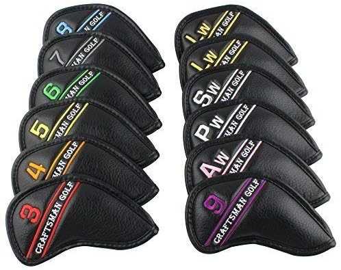 CRAFTSMAN GOLF 12pcs or 1pc Black Leather Golf Iron Head Covers Set Headcover Colorful Number Embroideried for Callaway Ping Taylormade Cobra Also Custom Version w/Your Name