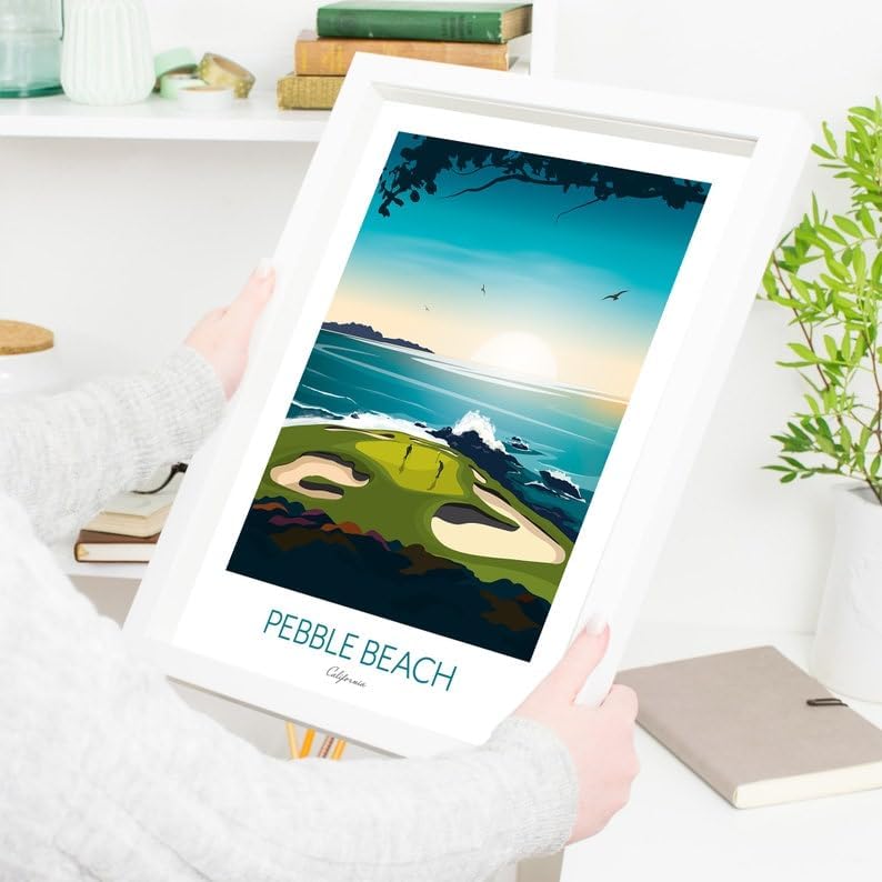 Golf Print - Pebble Beach California - US Open Golf Gift, Pebble Beach Golf Course Poster, California Golf Print, Coastal Golf Art, Golf Landscape Illustration, Sports Wall Decor. (Unframed) (24x36)