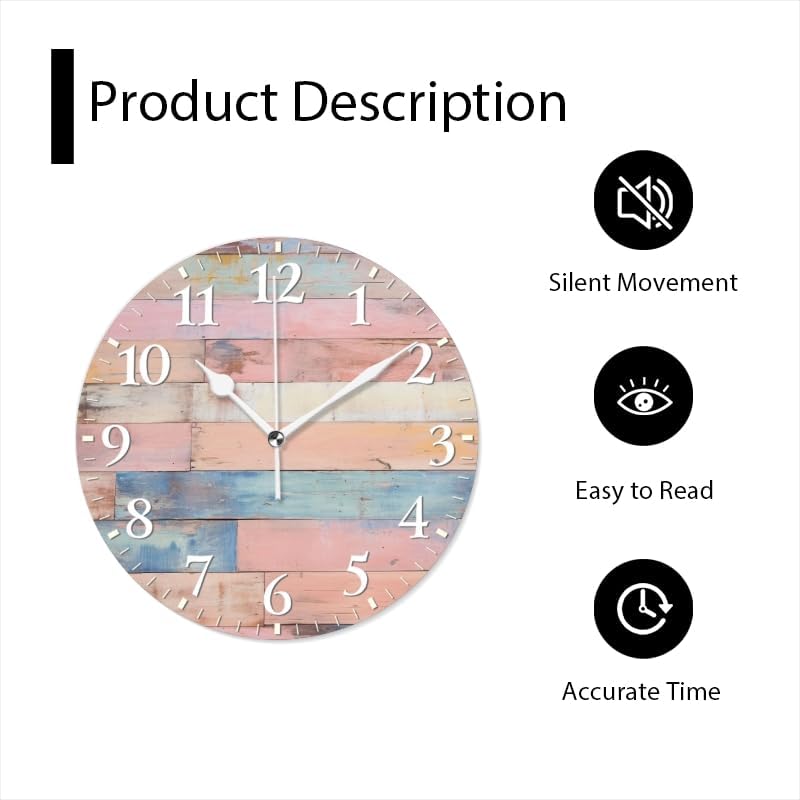 Plank Wall Clock Non-Ticking Silent Clocks Battery Operated Analog Decor Clock for Home-Colorful Pastel Pink Wooden Wall(12inch)