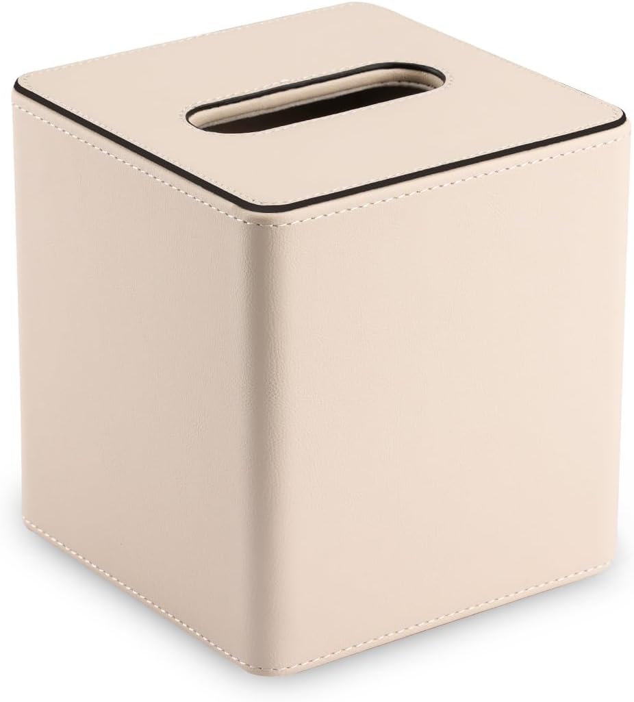 KINGFOM Leather Tissue Box Cover – Square Modern PU Leather Tissue Holder, Cube Tissue Dispenser for Home, Office, Bedroom, Bathroom – Elegant Minimalist Style (Beige-Square)