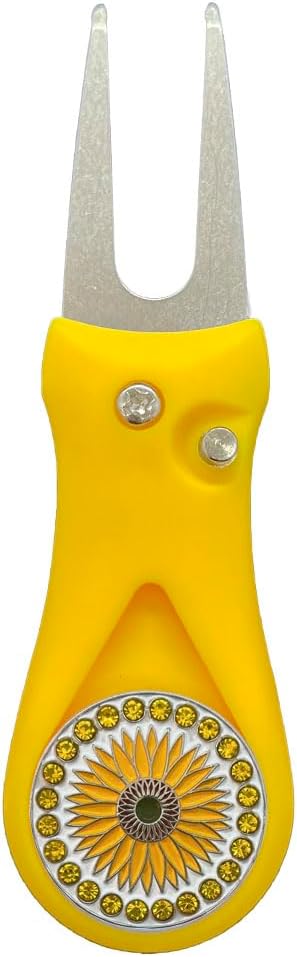 Giggle Golf Yellow Plastic Divot Repair Tool with Metal Bling Sunflower Golf Ball Marker | Foldable Switchblade Divot Tool