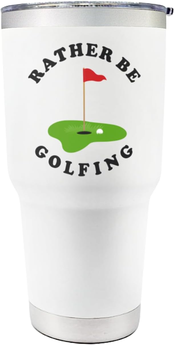 Premium 30 oz Rather Be Golfing White Tumbler with Slider Lid - Insulated Stainless Steel Tumbler, Golf Gifts for Men & Women, Keeps Drinks Hot or Cold, Perfect for Golf Lovers & Souvenir Collectors