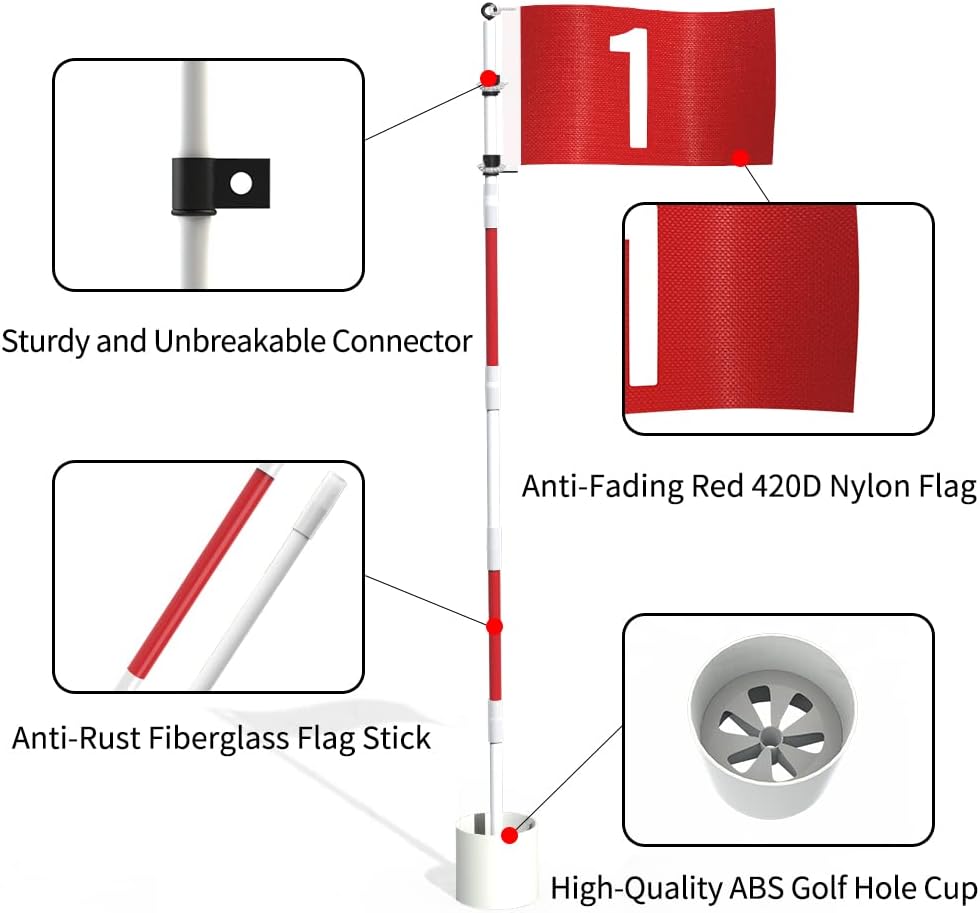 THIODOON Golf Flagstick 6ft Golf Flag and Cup for Yard Pro Detachable Golf Hole Cup and Flag for Driving Range Backyard Upgrade Anti-Rust Glass Fiber 5-Section Design with Connectors (Premium Flagstick Set -2 Pack)