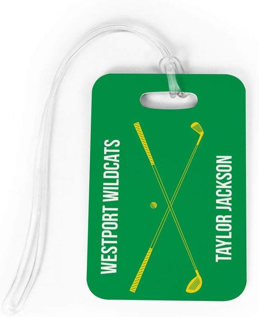 ChalkTalkSPORTS Golf Luggage & Bag Tag | Personalized Crossed Golf Clubs | Standard Lines on Back | Large | Green/Yellow