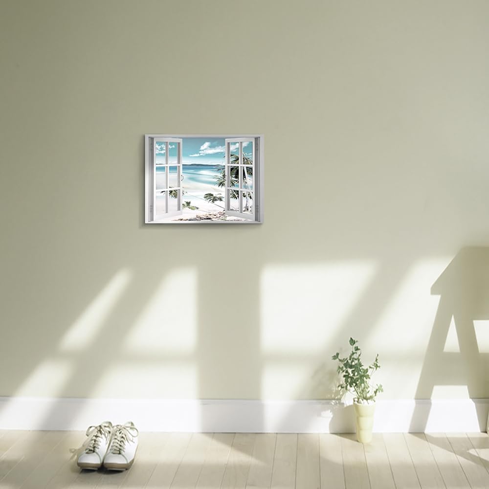 Canvas Windows Picture Wall Art: Beach with Light Blue Coastal Palm Graphic Artwork Print on Canvas Artwork for Living Room (24” x 36” x 1 Panel)