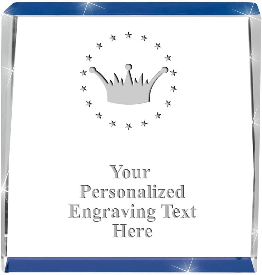 Crown Awards Customizable Crystal Trophy, 4" Engraved Blue Spotlight Crystal Award