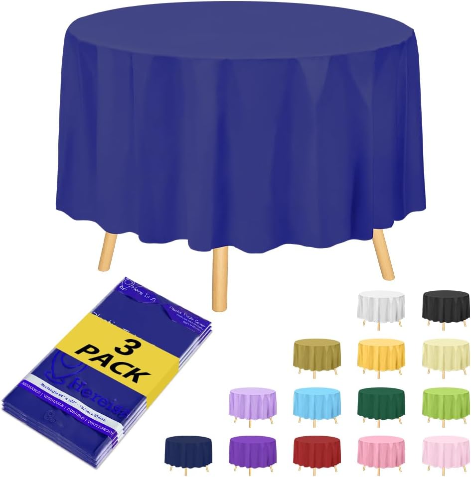 Brand Round Royal Blue Plastic 84" Disposable Tablecloth (3 Pack), Party & Event Decorative Cover