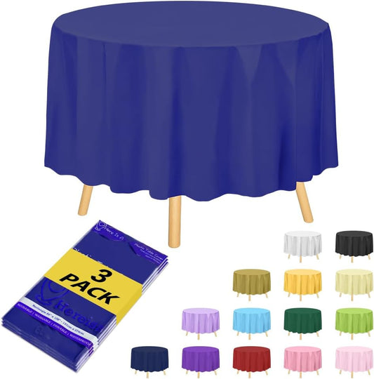 Brand Round Royal Blue Plastic 84" Disposable Tablecloth (3 Pack), Party & Event Decorative Cover