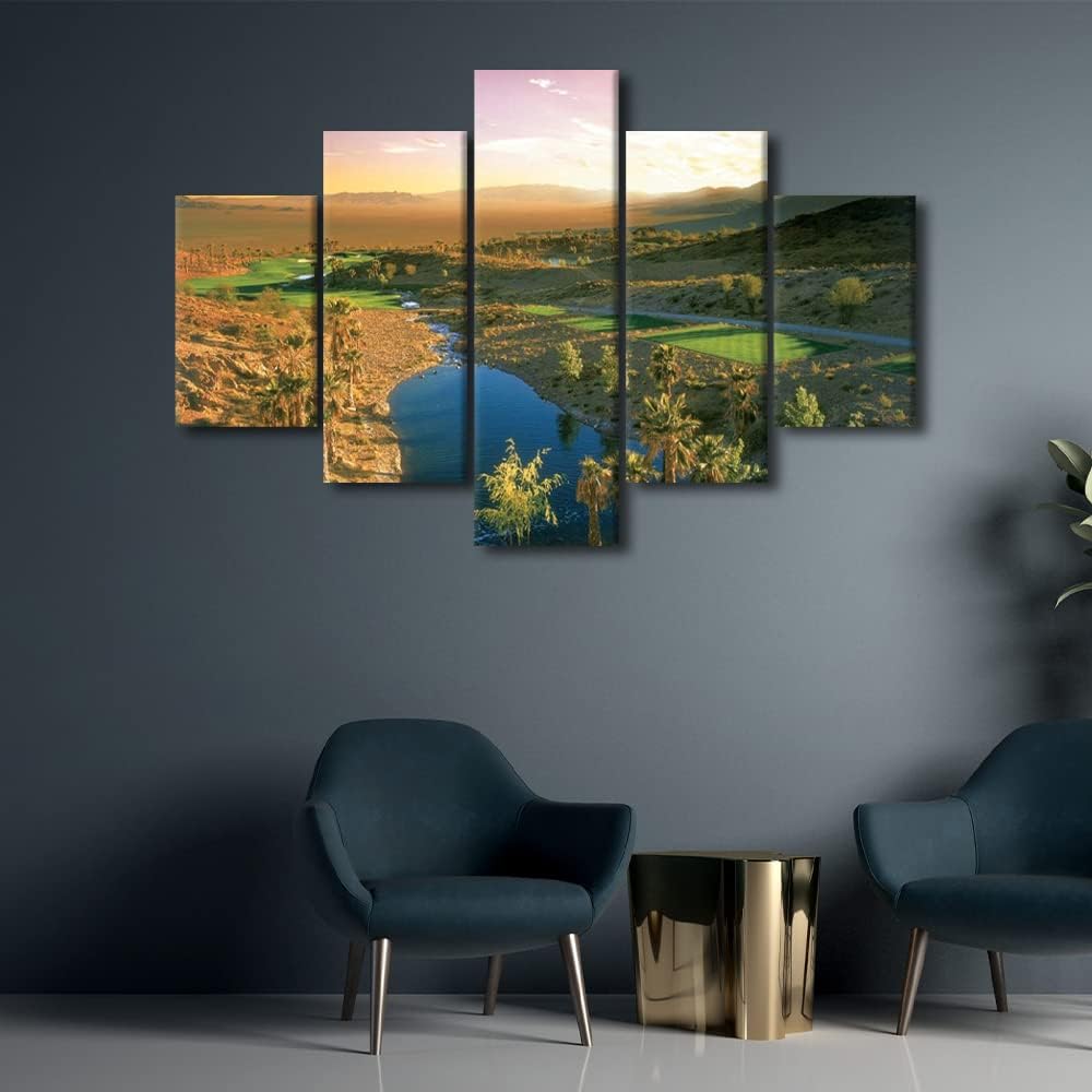 Cascata Golf Course Wall Art Green Golf Course Scenery Pictures Canvas Print Home Decor 5 Panels House Decor for Living Room Bedroom Bathroom Painting Poster Framed Ready to Hang - 60"W x 40"H
