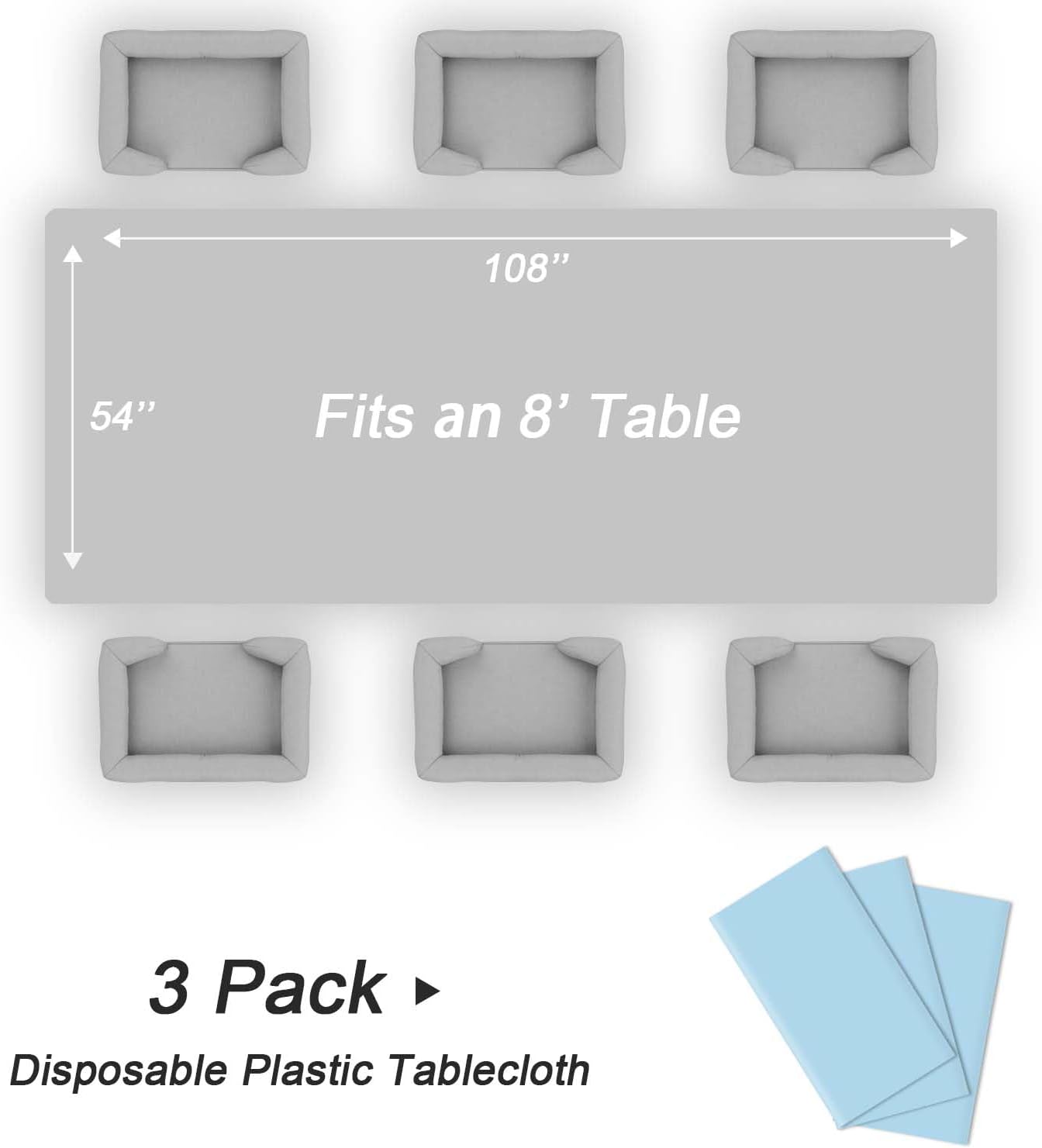 QIKSION Plastic Table Cloth Disposable 3 Pack, 54 x 108 Inch Tablecloths for Rectangle Tables, Light Blue Plastic Table Cover
