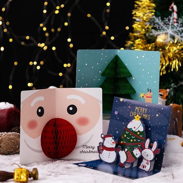 3D Christmas Greeting Cards, 8PCS, Pop Up Handmade Cards with Envelope Set of 8, For Xmas New Year Winter Holiday- Feature Xmas Tree, Snowman, Reindeer, Santa and Bell