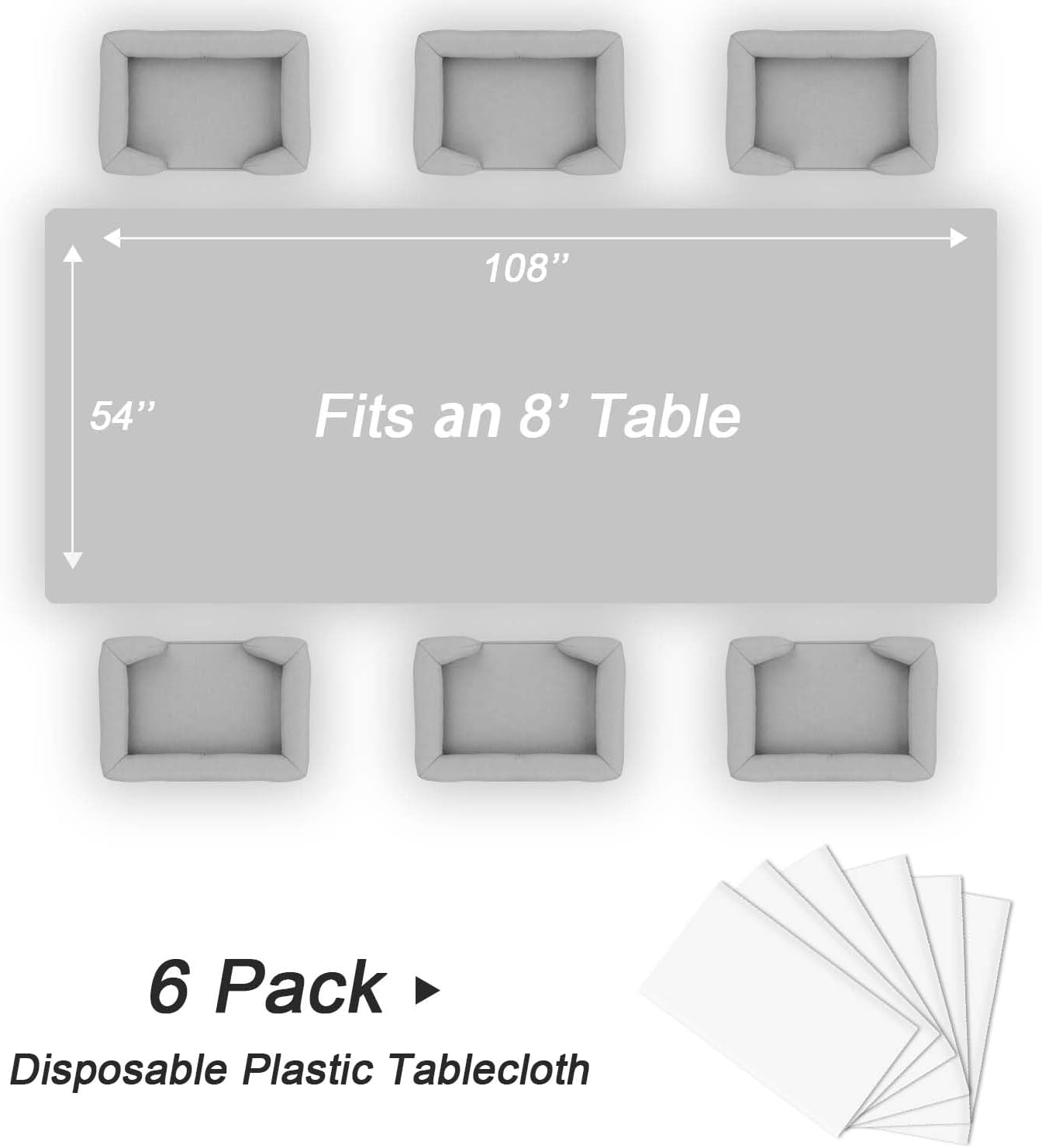 QIKSION Plastic Table Cloth Disposable 6 Pack, 54 x 108 Inch Tablecloths for Rectangle Tables, White Plastic Table Cover