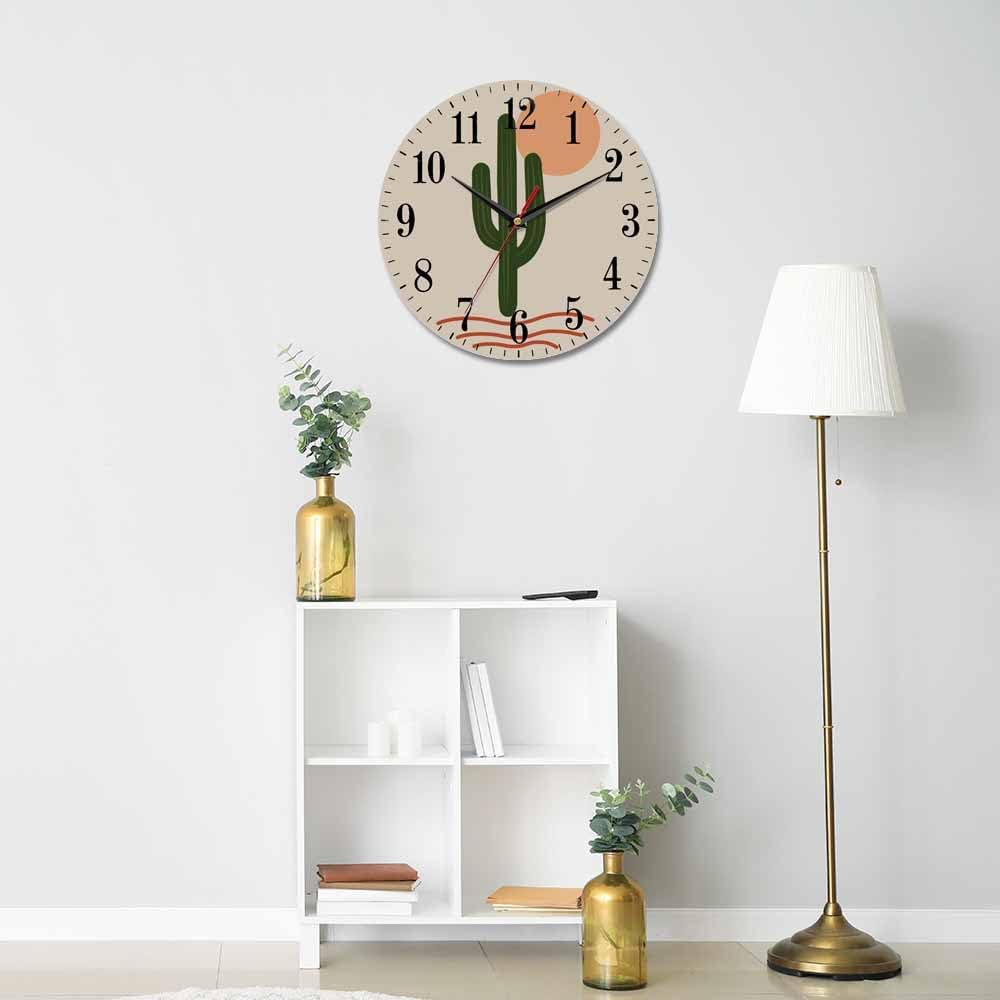 Mxocom Cactus Wall Clock Abstract Green Cacti Desert Wild Tropical Plant 10 Inch Silent Non Ticking Battery Operated Clock Vintage Round Clock for Living Room Bedroom Bathroom Office Decor