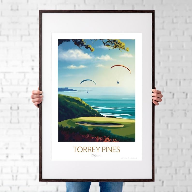 Torrey Pines Golf Print - San Diego, California Travel Wall Art, Torrey Pines Golf Poster, California Golf Course Print, Coastal Golf Art, Paragliding Wall Decor (Unframed) (27x40)