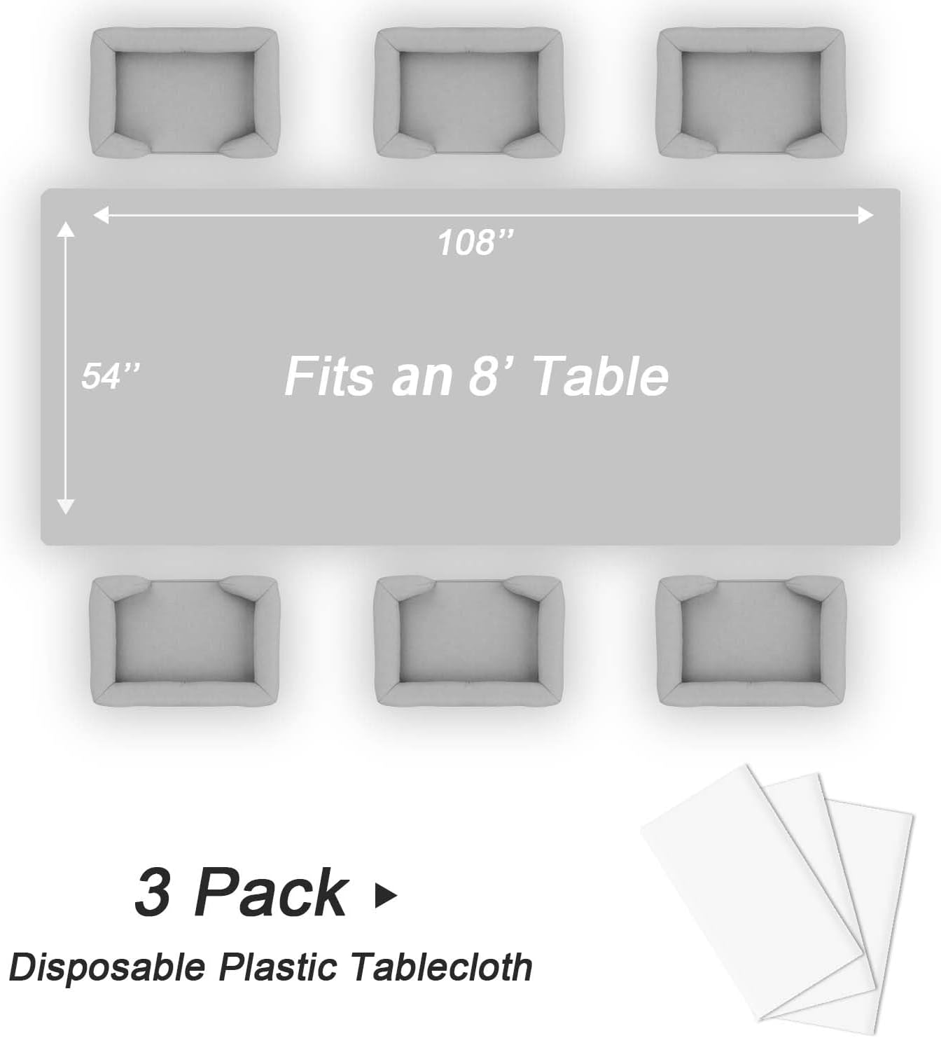 QIKSION Plastic Table Cloth Disposable 3 Pack, 54 x 108 Inch Tablecloths for Rectangle Tables, White Plastic Table Cover