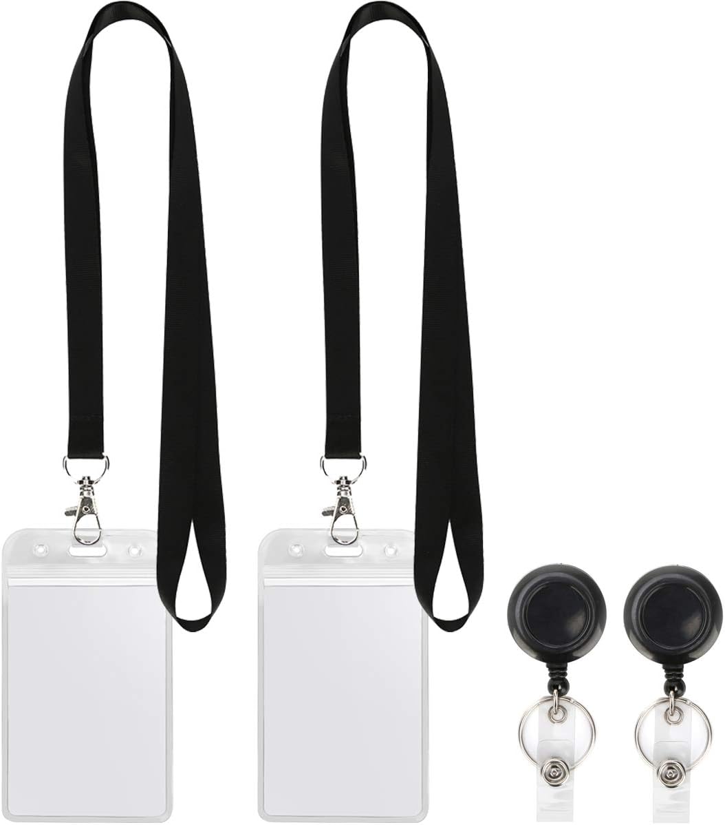 YOUOWO Lanyard Black Retractable Badge Reel with Badge Reel Clip for id Card Badges Holders Vertical Punched Zipper Waterproof 2 Pack