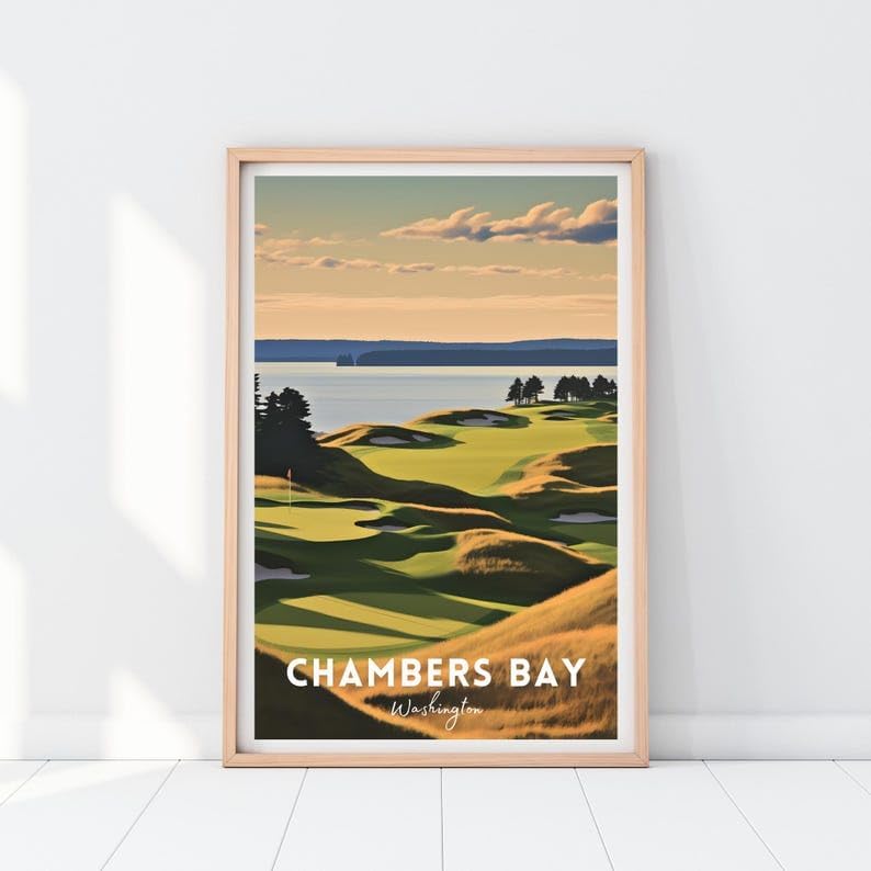 Nationcog Chambers Bay Golf Poster, Vintage Washington Travel Wall Art Print, Retro Coastal Golf Landscape Decor, Sports Artwork Gift for Men or Office (Unframed) (12x18)