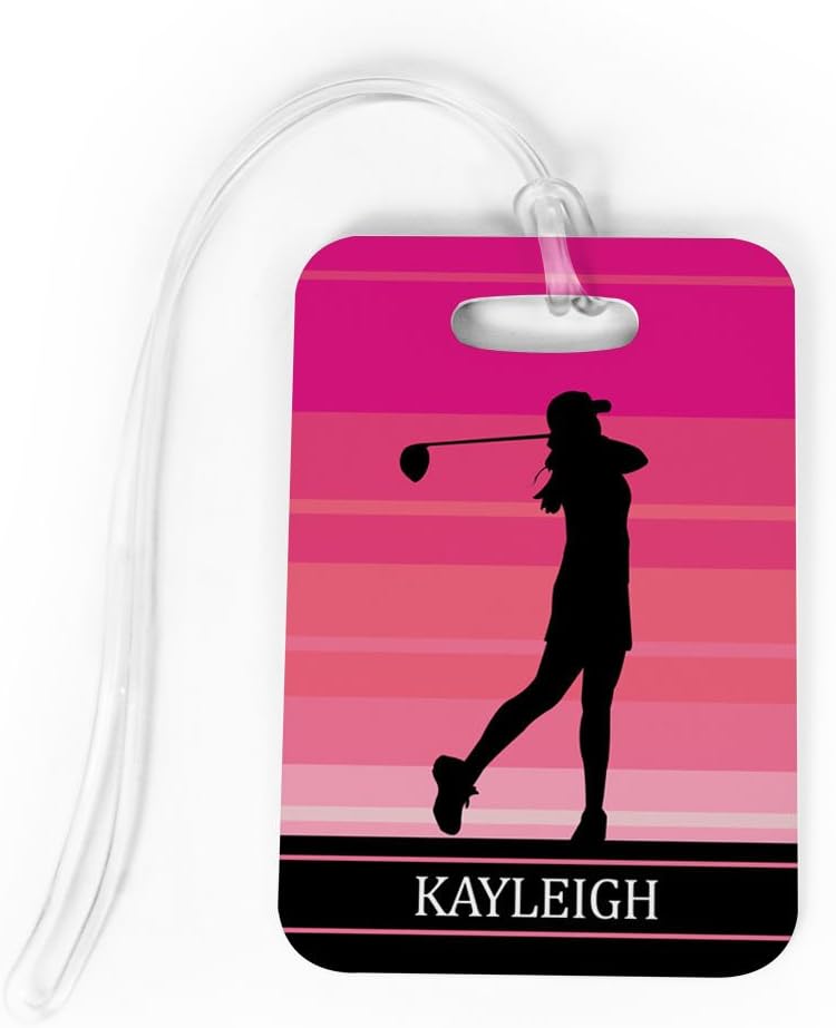 ChalkTalkSPORTS Golf Luggage & Bag Tag | Personalized Female Golfer | Standard Lines on Back | Medium | Pink