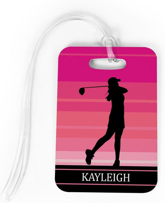 ChalkTalkSPORTS Golf Luggage & Bag Tag | Personalized Female Golfer | Standard Lines on Back | Medium | Pink