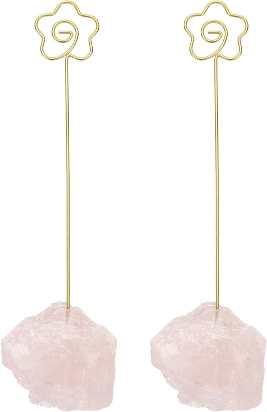 PATIKIL Table Number Holder, 2Pcs Photo Clip Holders Crystal Stone Quartz Desk Card Holder Raw Flower Shape Iron Memo Note Photo Stand for Wedding Party Home Office Decor, Pink