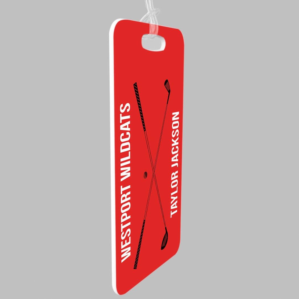 ChalkTalkSPORTS Golf Luggage & Bag Tag | Personalized Crossed Golf Clubs | Standard Lines on Back | Medium | Red/Black
