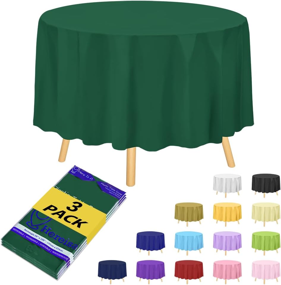 Brand Round Dark Green Plastic 84" Disposable Tablecloth (3 Pack), Party & Event Decorative Cover