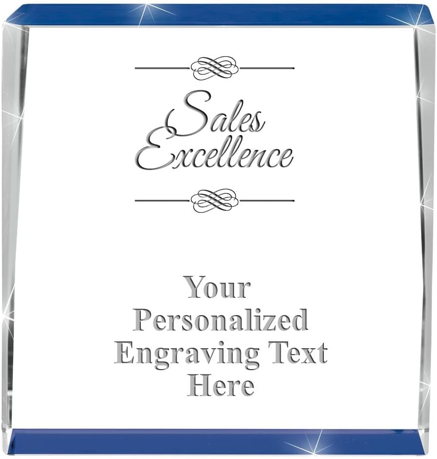 Crown Awards Customizable Crystal Trophy, 4" Engraved Blue Spotlight Crystal Award