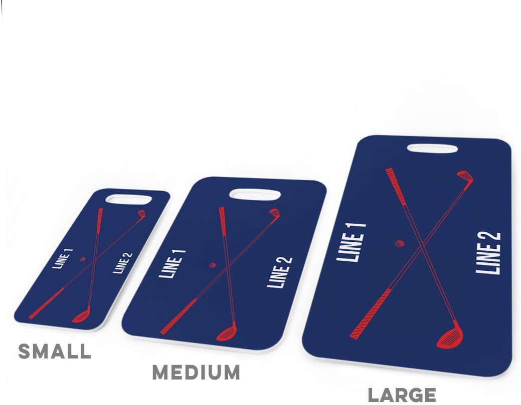ChalkTalkSPORTS Golf Luggage & Bag Tag | Personalized Crossed Golf Clubs | Standard Lines on Back | Small | Navy/Red