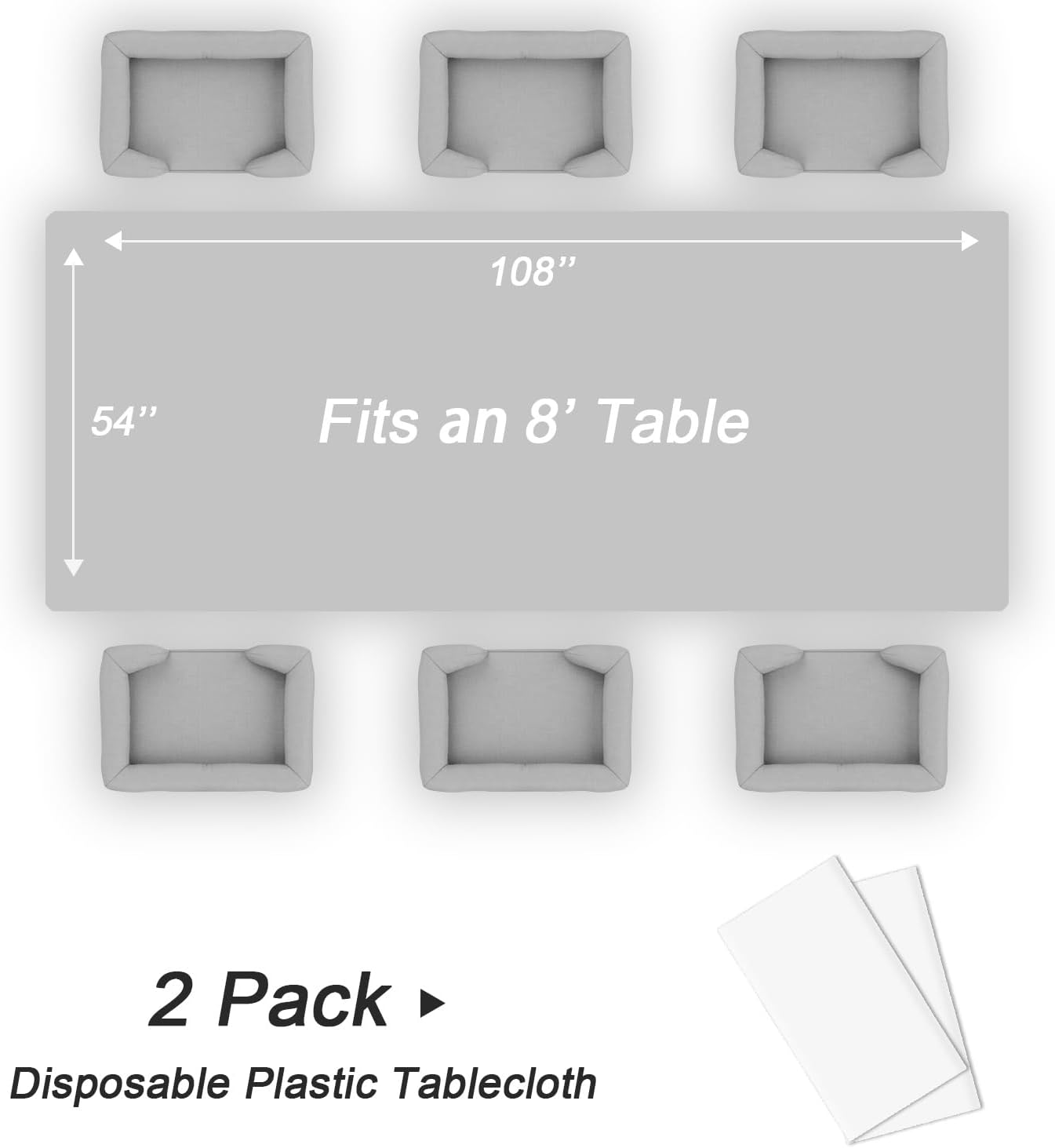 QIKSION 2 Pack Plastic Table Cloth Disposable, 54 x 108 Inch Tablecloths for Rectangle Tables, White Plastic Table Cover