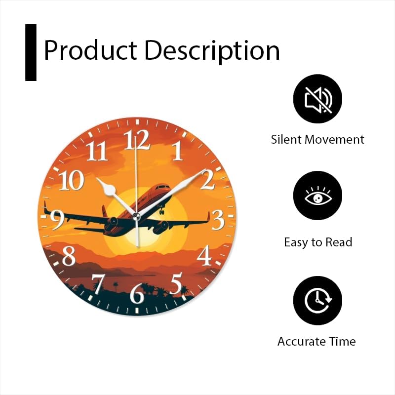 Sunset Wall Clock Non-Ticking Silent Clocks Battery Operated Analog Decor Clock for Home-Illustration of Airplane Flying Over The Sunset(14inch)
