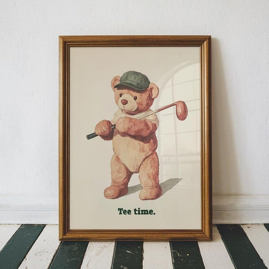 Nationcog Vintage Golf Teddy Bear Wall Art, Retro Watercolor Sports Print for Nursery, Kids Bedroom or Playroom Decor, Cute Golfer Artwork for Baby Boy (Unframed) (9x11)