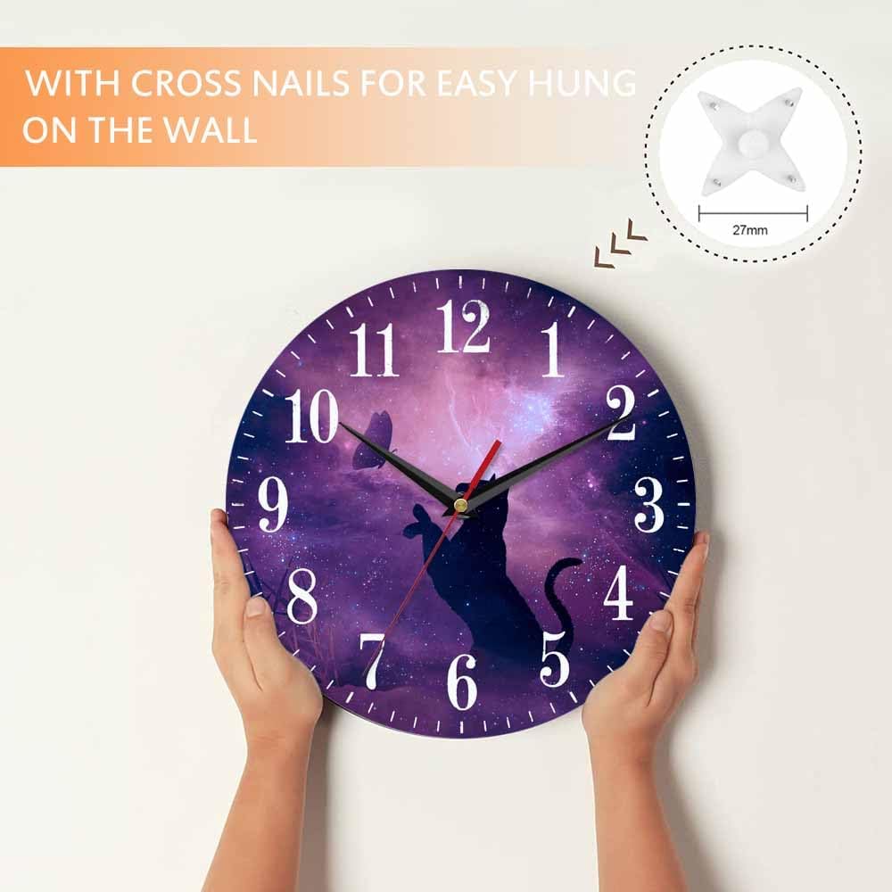 Mxocom Cat Silhouette Wall Clock Butterfly Starry Sky Galaxy Stars Shine Beautiful Night 10 Inch Silent Non Ticking Battery Operated Clock Vintage Round Clock for Living Room Bedroom Bathroom Decor