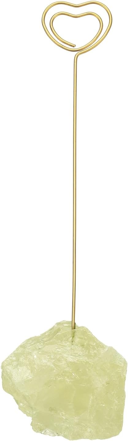 PATIKIL Table Number Holder, 1Pcs Photo Clip Holders Crystal Stone Quartz Desk Card Holder Raw Heart Shape Iron Memo Note Photo Stand for Wedding Party Home Office Decor, Yellow