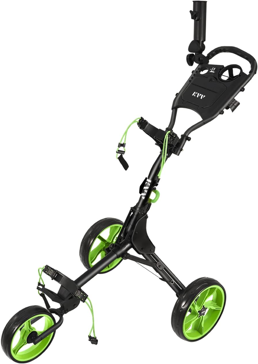 KVV 3 Wheel Golf Push Cart Ultra Lightweight Smallest Folding Size, New-Version Scorecard Holder