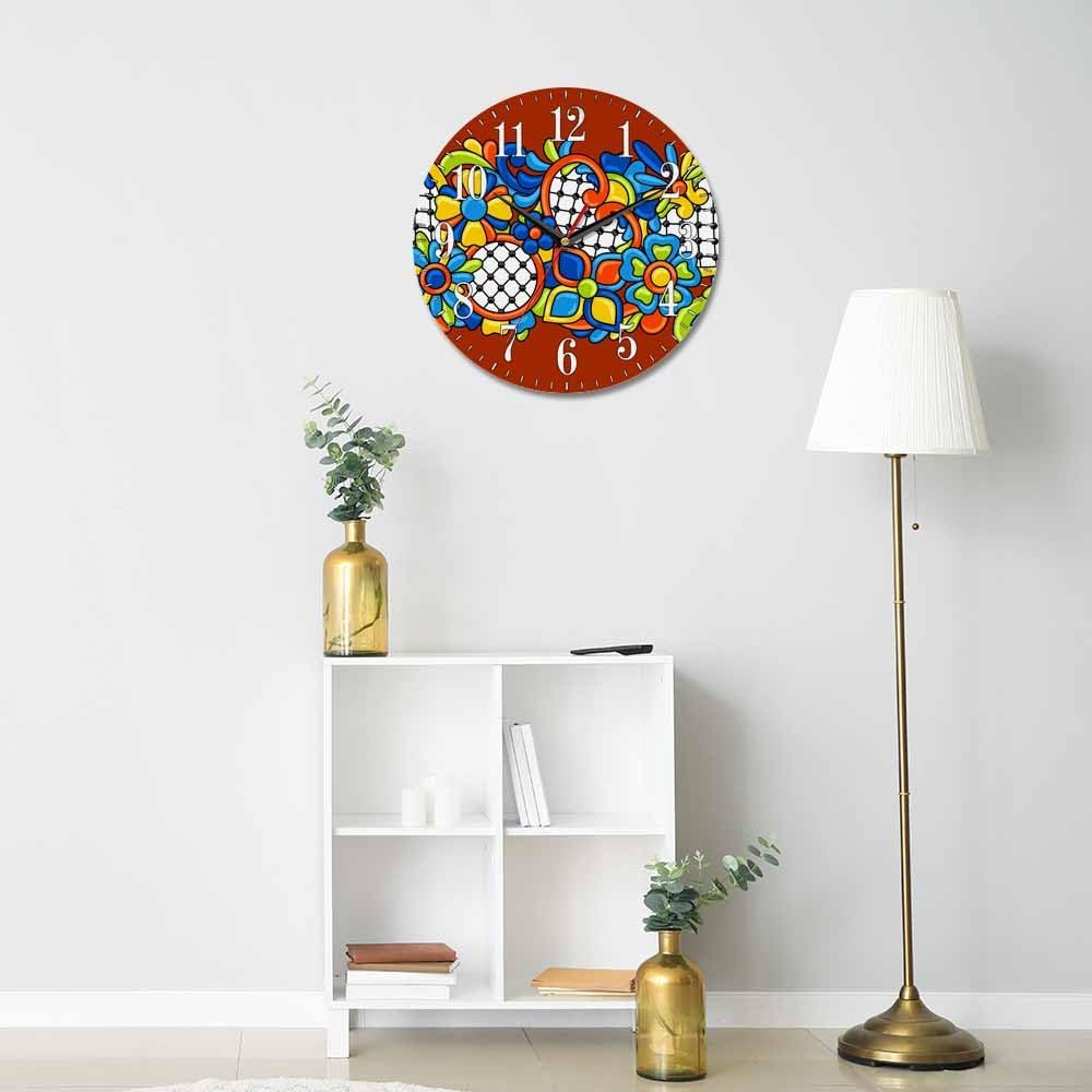 Mxocom Mexican Pattern Wall Clock Abstract Ornamental Flowers Ethnic Print 10 Inch Silent Non Ticking Battery Operated Clock Vintage Round Clock for Living Room Bedroom Bathroom Office Decor