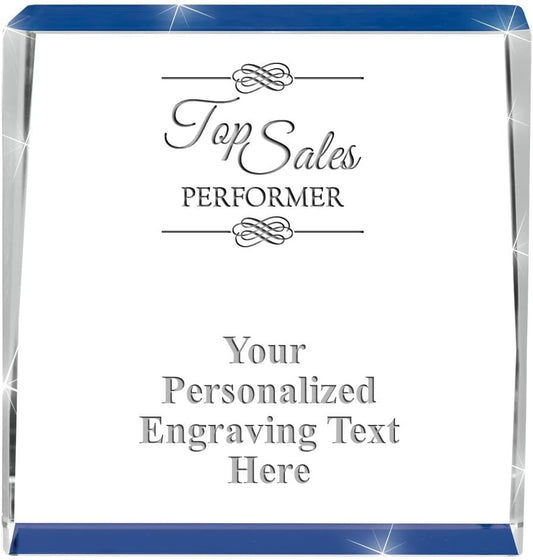 Crown Awards Customizable Crystal Trophy, 4" Engraved Blue Spotlight Crystal Award