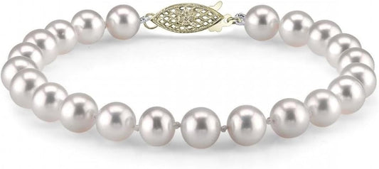 The Pearl Source White Freshwater Pearl Bracelet for Women - Cultured Pearl Bracelet in 14k Gold Plated Sterling Silver Clasp with Genuine Cultured Pearls