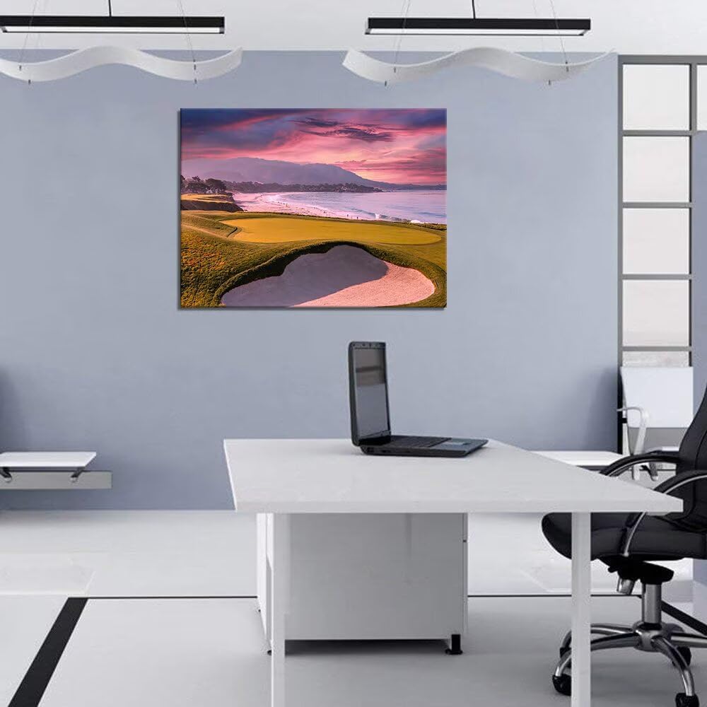 HJY Art Pebble Beach Golf Course Wall Art USA California Golf Course Wall Decor Sunset Landscape Painting Poster for Home Decor Living Room Bedroom Office Club Gym Framed Artwork (18 x 24 inch)