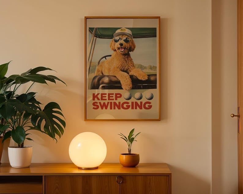 Funny Goldendoodle Golf Wall Art, Vintage Retro Dog Sports Print for Bar, Office or Home Decor, Keep Swinging Inspirational Golfer Artwork (Unframed) (24x36)