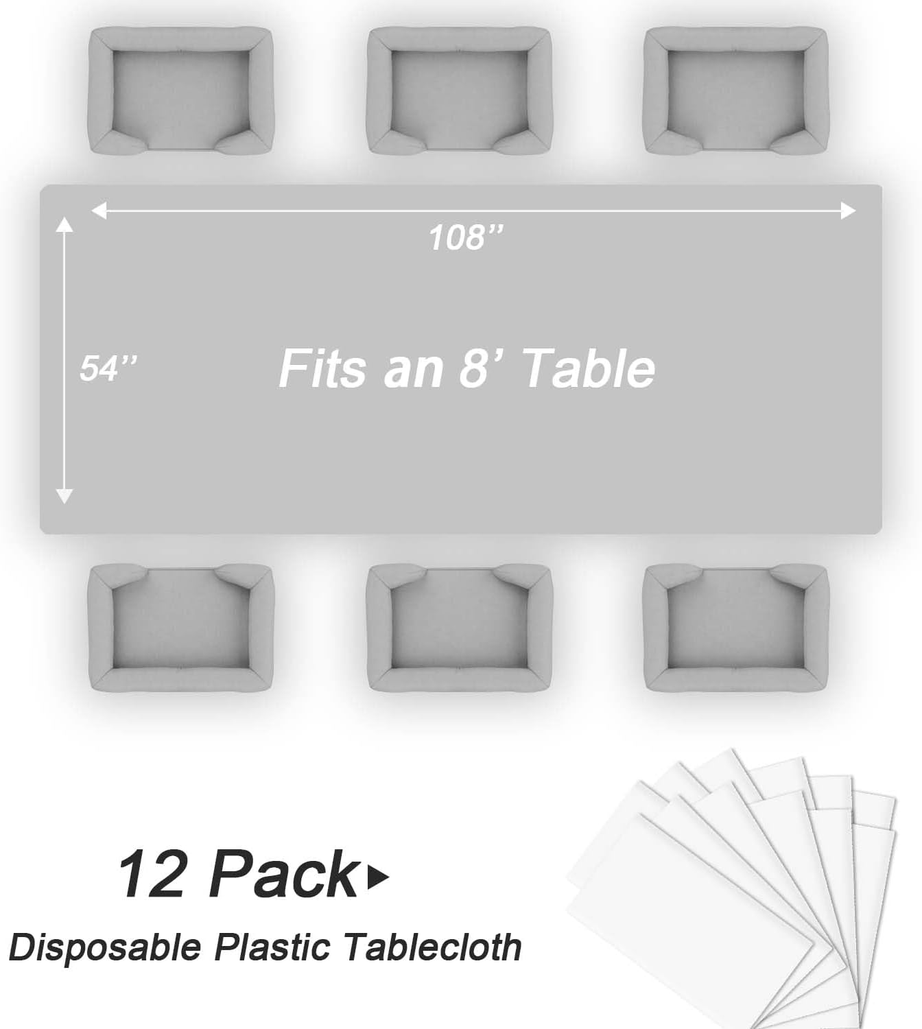 QIKSION Plastic Table Cloth Disposable 12 Pack, 54 x 108 Inch Tablecloths for Rectangle Tables, White Plastic Table Cover