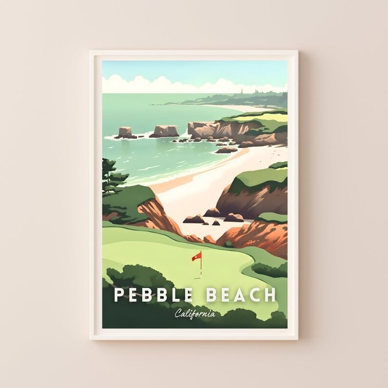 Nationcog Pebble Beach Golf Wall Art Print, Retro Coastal Landscape Poster for Bedroom or Office, Beachside Decor for Men, Great Gift for Dad, California Golf Artwork (Unframed) (27x40)
