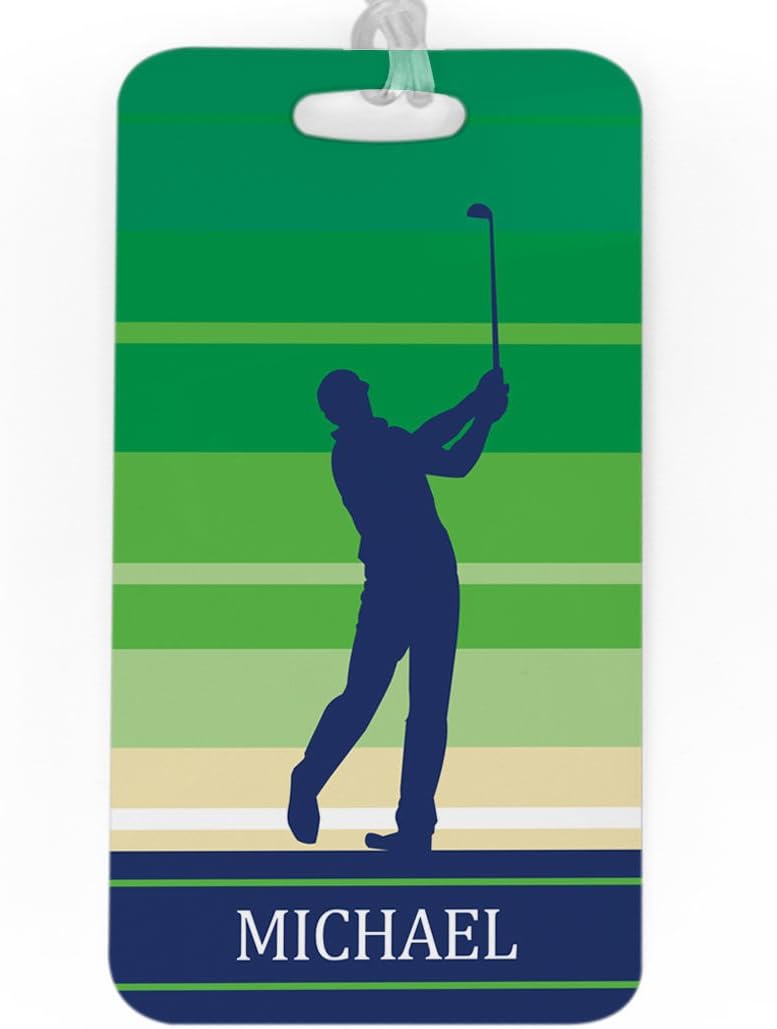 ChalkTalkSPORTS Golf Luggage & Bag Tag | Personalized Male Golfer | Standard Lines on Back | Large | Green