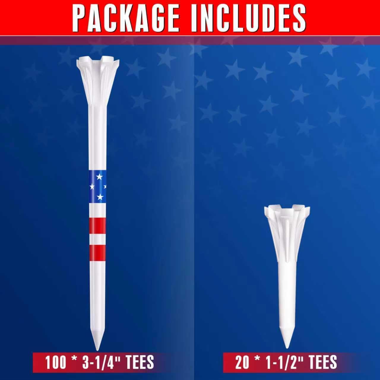 CHAMPKEY 5-Prong Plastic Golf Tees 120 Pack - Star and Stripe Marking System Golf Plastic Tees - Includes 100 Pcs 3-1/4" and 20 Pcs 1-1/2" Plastic GLF Tees