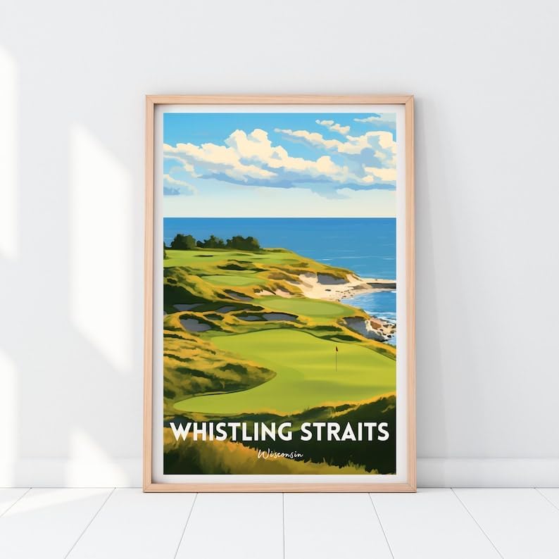 Nationcog Whistling Straits Golf Wall Art Print, Retro Wisconsin Coastal Poster for Living Room or Office, Scenic Course Decor for Men, Gift Idea for Dad, Lakefront Room Accent (Unframed) (27x40)