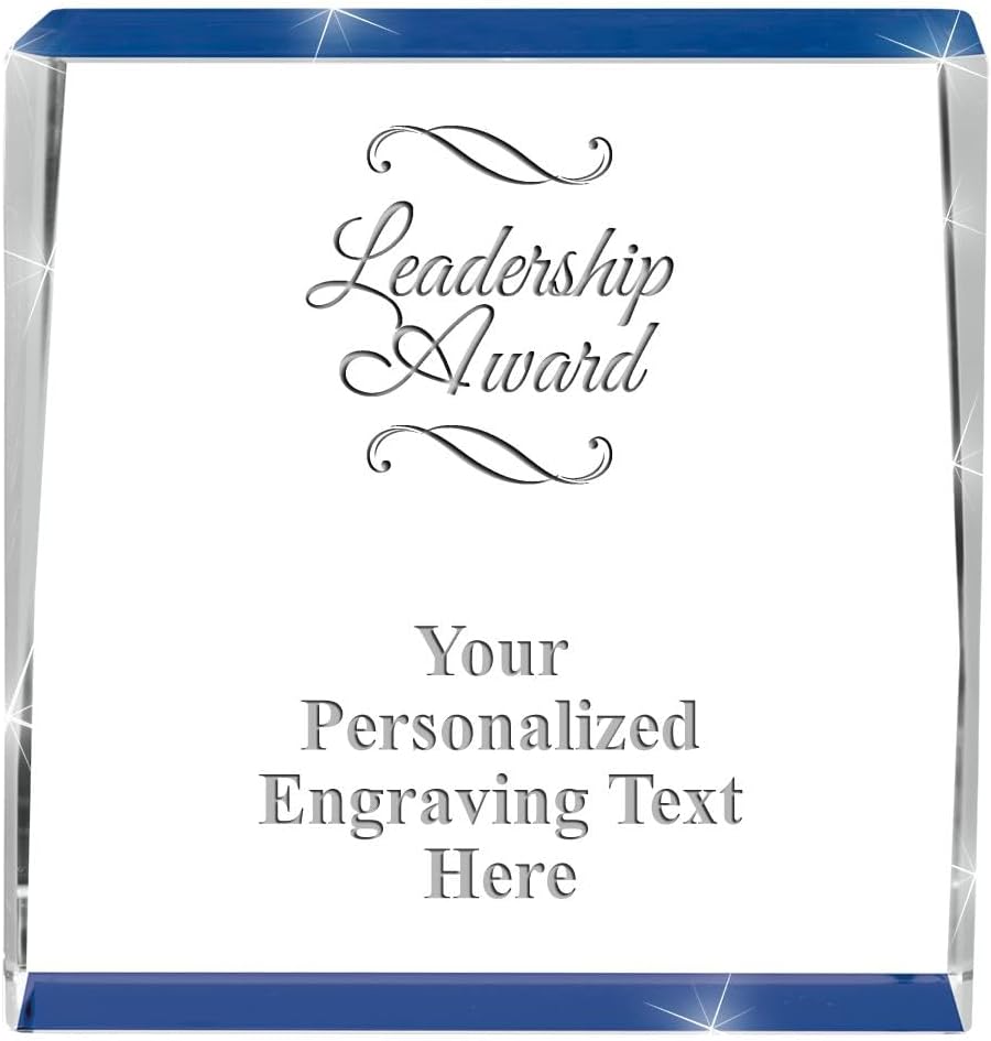 Crown Awards Customizable Crystal Trophy, 4" Engraved Blue Spotlight Crystal Award